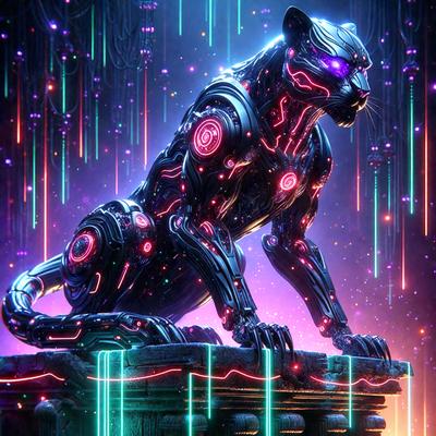 The primary subject of the image is a futuristic, robotic cat with a purple and red color scheme. The cat is sitting on a platform, which is part of a larger structure. The setting appears to be a futuristic environment, possibly a space station or a high-tech facility. The visual style of the image is digital art, as it features a highly detailed and intricate robotic cat design. The colors and mood of the image are vibrant and energetic, with the purple and red hues creating a sense of excitement and innovation.